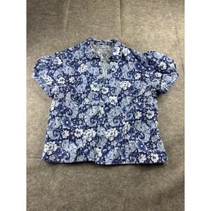 Handmade Womans L Open Front Top Blue Floral Puff Sleeve VTG Grandma Cottagecore